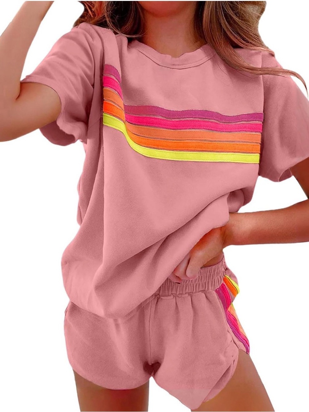 Amazon Pink Short Sleeve Tee and Shorts Set with Rainbow Stripes